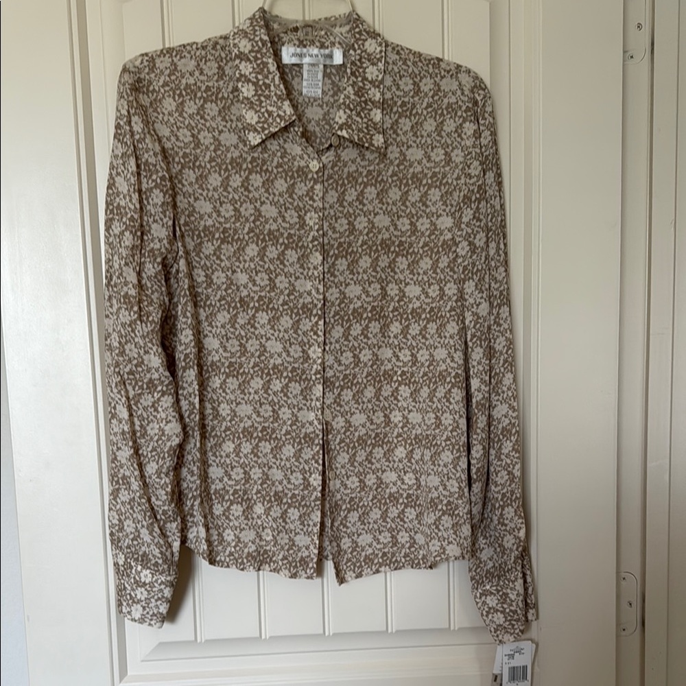 Jones New York Silk Patterned Blouse in Brown and Cream